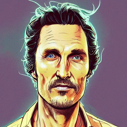 Image similar to a study of cell shaded portrait of matthew mcconaughey concept art, llustration, post grunge, concept art by josan gonzales and wlop, by james jean, Victo ngai, David Rubín, Mike Mignola, Laurie Greasley, highly detailed, sharp focus, alien, Trending on Artstation, HQ, deviantart, art by artgem