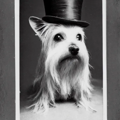 Image similar to an old timey photo of a silky terrier in a top hat at a fancy victorian estate