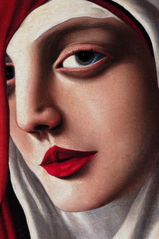 Prompt: hyperrealism, extreme close-up portrait of young beautiful medieval nun with smeared lipstick, in style of classicism