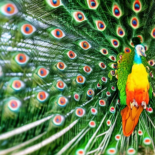 Prompt: far away photograph of albino peacock parrot hd nature photography