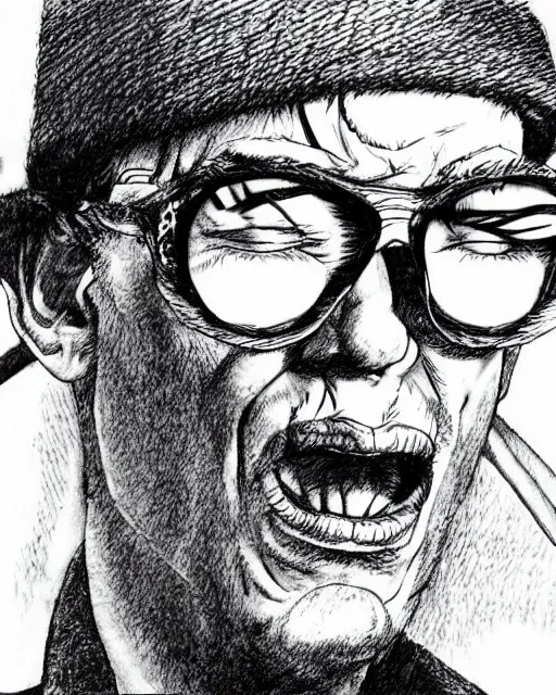 Image similar to Hunter S Thompson drawn by Kentaro Miura, extremely high detail, manga