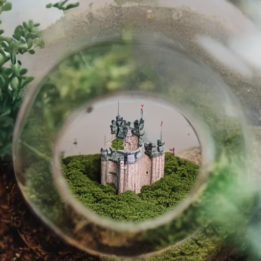 Image similar to aerial photo of castle in a terrarium, sigma 5 0 mm f 1. 4, cinematic macro photography