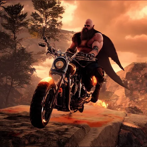 Image similar to kratos, with leviathan axe, jumping a black harley - davidson motorcycle off a cliff, cinematic render, playstation studios official media, god of war 2 0 1 8