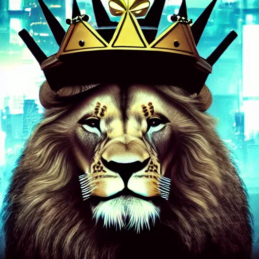 Image similar to lion with crown, cyberpunk