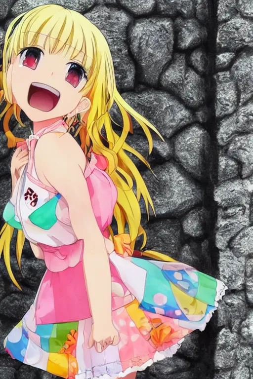 Image similar to a very cute art of a smiling blonde anime girl idol wearing a colorful dress walking at the garden, tongue out, cheeky, in the style of anime, near a stone gate