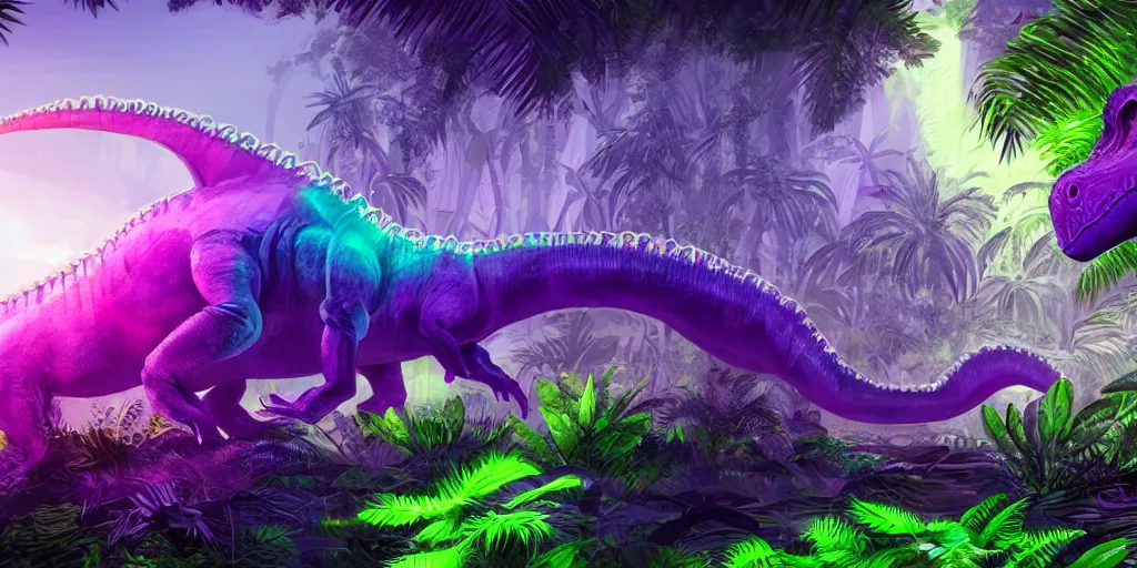 Image similar to spectral purple neon dinosaur, green jungle background, detailed, ultrawide landscape, concept art