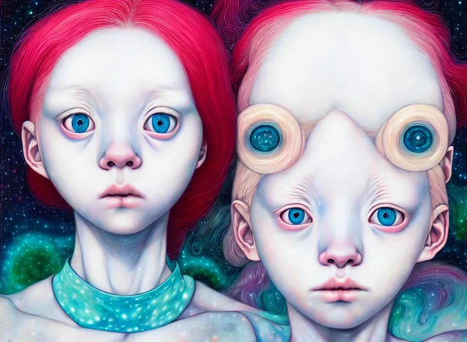 Image similar to portrait of the albino girl with starry eyes, hikari shimoda, james jean, cosmic, manga,anime