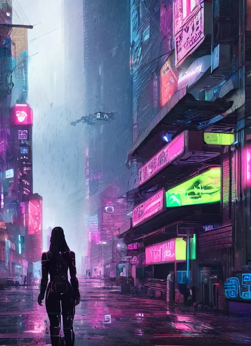 Prompt: a cyberpunk woman in a busy neon dystopian city, crowds, rainy night, realistic, highly detailed digital art, 8k Octane