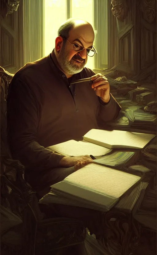 Image similar to portrait of salman rushdie writing in the dark, deep focus, d & d, fantasy, intricate, elegant, highly detailed, digital painting, artstation, concept art, matte, sharp focus, illustration, art by artgerm and greg rutkowski and alphonse mucha