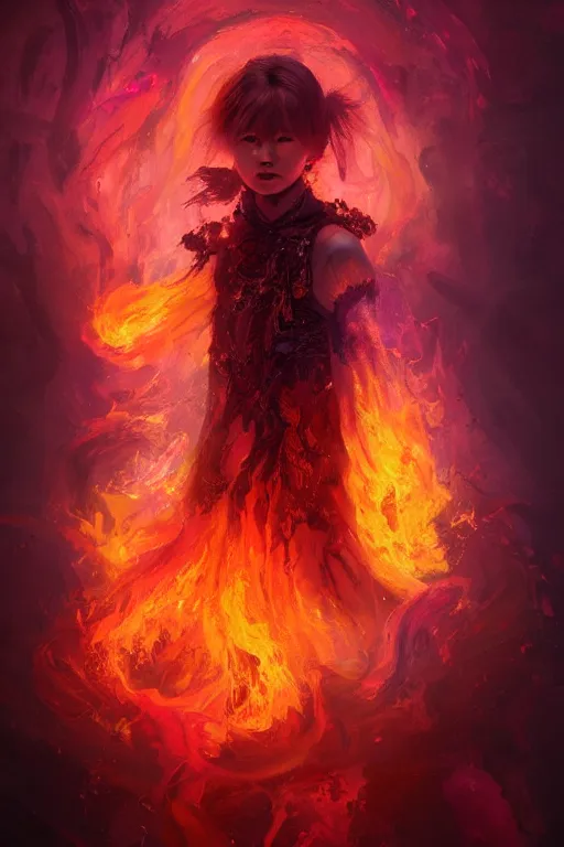 Prompt: a fancy portrait of a young Demon girl covered in deep and colourful flames by Greg Rutkowski, Sung Choi, Mitchell Mohrhauser, Maciej Kuciara, Johnson Ting, Maxim Verehin, Peter Konig, Bloodborne , 8k photorealistic, cinematic lighting, HD, high details, atmospheric , trending on artstation