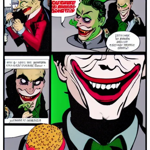 Image similar to the joker eating a crazy hamburger for the first time in his life