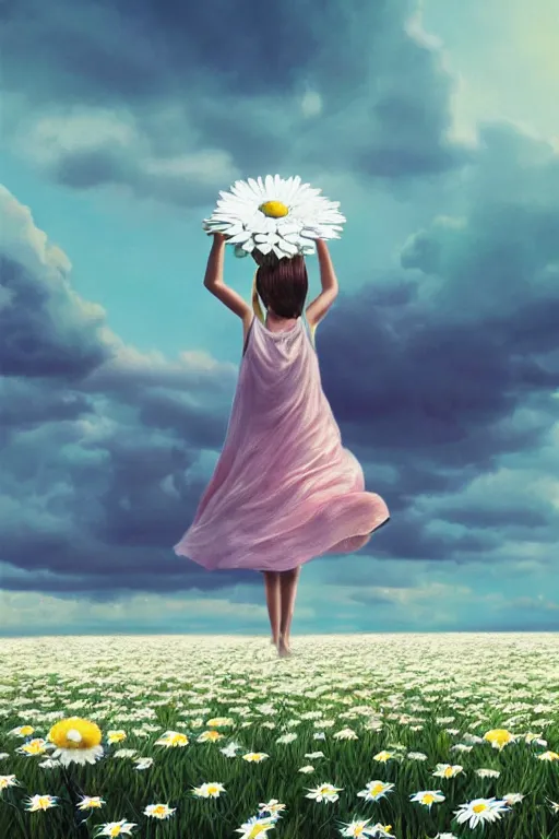 Image similar to giant white daisy flower as head, girl dancing in a flower field, surreal photography, sunrise, dramatic light, impressionist painting, colorful clouds, digital painting, artstation, simon stalenhag