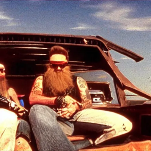 Image similar to ZZ Top sitting in back of a pickup truck bed in Mad Max Road Warrior, interior, screenshot, cinematic Eastman 5384 film