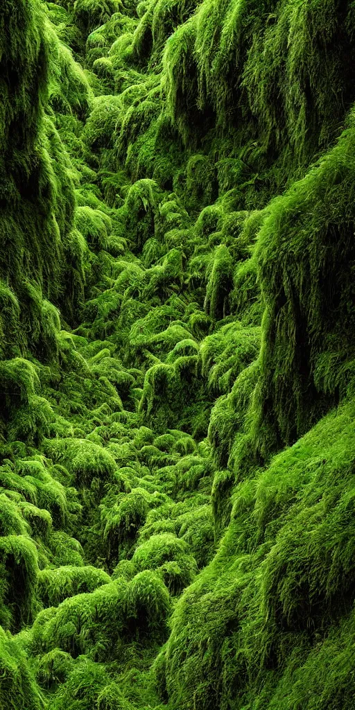 Image similar to a hyper realistic photograph fertile, lush mossy canyon, ferns, minimalist structure, misty, raining, in the style of reuben wu, roger deakins