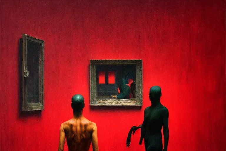 Image similar to only with red, red art thieves with disney masks, in a museum with contemporary art paintings, in the style of beksinski, parts by edward hopper, parts by rodcenko, parts by yue minjun, intricate and epic composition, red by caravaggio, insanely quality, highly detailed, masterpiece, red light, artstation, 4 k