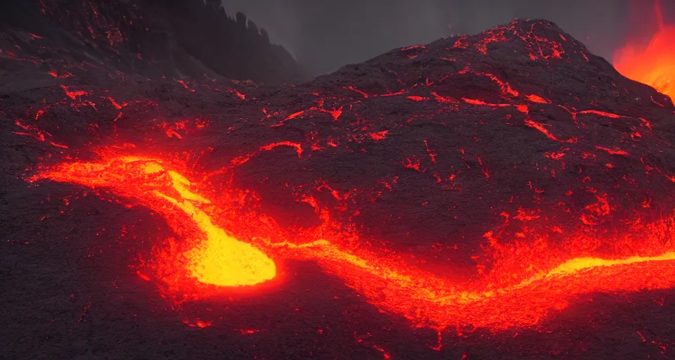 Image similar to volcano with glowing orange lava rolling down the side of it, low lighting, unreal engine 5 octane render