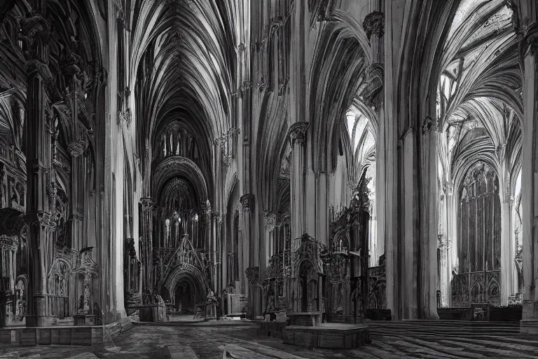 Prompt: a black and white photo of a cathedral, a detailed matte painting by edwin deakin, featured on cg society, gothic art, matte drawing, matte painting, vray tracing
