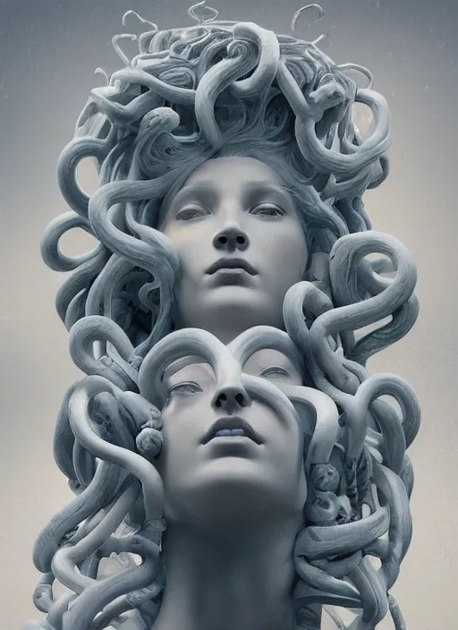 Prompt: medusa made of soft white wax, wooden art nouveau swirls, strong subsurface scattering, cables, tubes, subsurface scattering, in the style of ruan jia and beeple and giger, subsurface scattering, mystical colors, soft look, rim light, dramatic lighting, 8 k, stunning scene, raytracing, octane render, trending on artstation