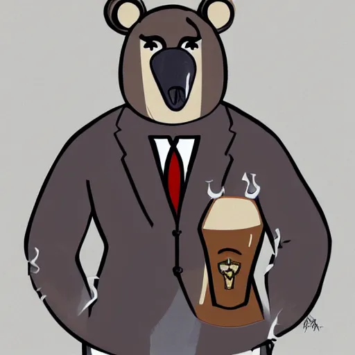 Image similar to a anthropomorphic bear beast - man in a suit smoking a cigar while drifting in a lamborghini, digital art