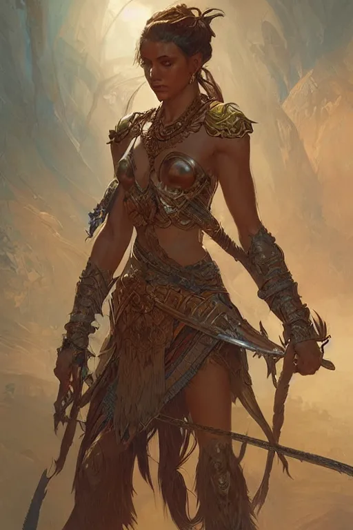 Image similar to an Amazon warrior, D&D, fantasy, intricate, highly detailed, digital painting, artstation, concept art, smooth, sharp focus, illustration, art by artgerm and greg rutkowski and alphonse mucha