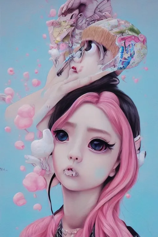 Image similar to pop surrealism, lowbrowart, realistic cute girl painting, hyper realism, japanese street fashion, muted colors