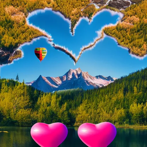 Image similar to photo of two black swans swimming in a beautiful reflective mountain lake, touching heads, forming a heart with their necks, a colorful hot air balloon is flying above the swans, hot air balloon, intricate, portrait, 8k highly professionally detailed, HDR, CGsociety, octane render, 4k