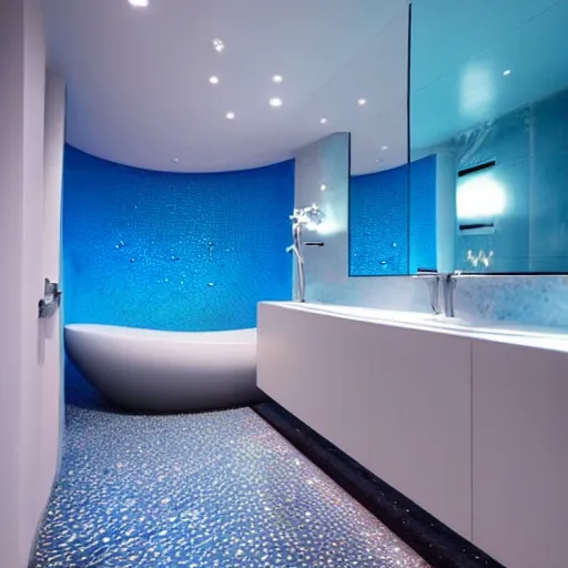 Image similar to big futuristic blue bathroom inside a spaceship startrek interior style. with a swimming pool