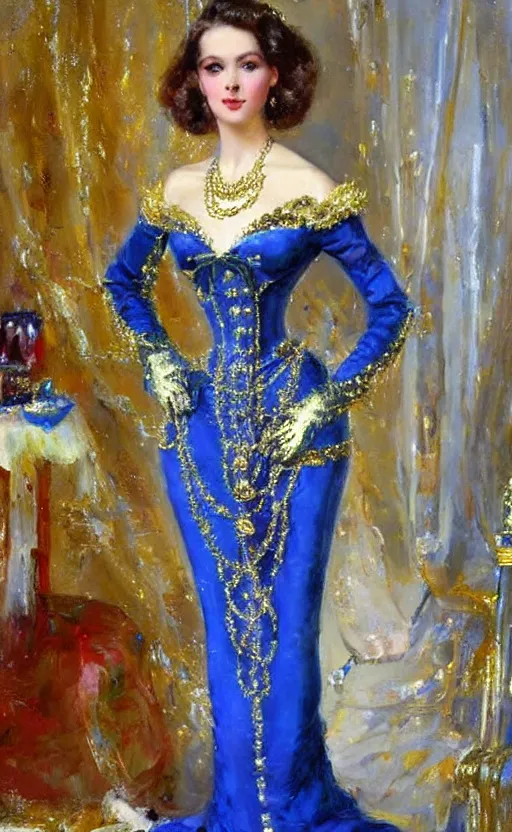 Prompt: Elegant laydy in blue robotic victorian dress with gold ornaments. By Konstantin Razumov, highly detailded
