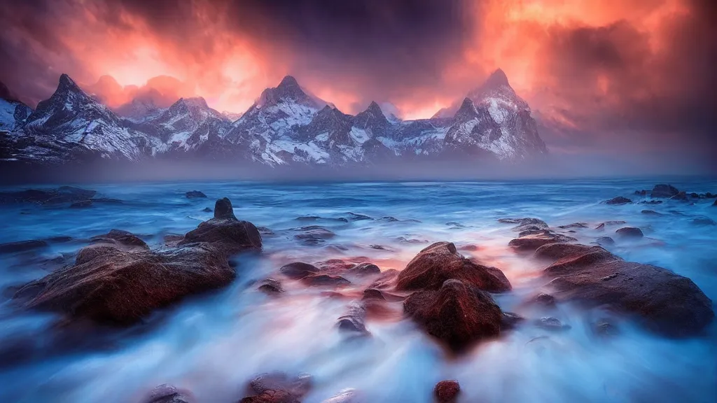 Image similar to amazing landscape photo by marc adamus, beautiful dramatic lighting