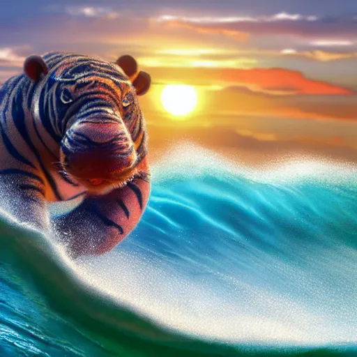 Image similar to a closeup photorealistic photograph of a cute smiling knitted tiger hippopotamus riding a wave at sunset. surf in background. professional capture. brightly lit scene. this 4 k hd image is trending on artstation, featured on behance, well - rendered, extra crisp, features intricate detail, epic composition and the style of unreal engine.