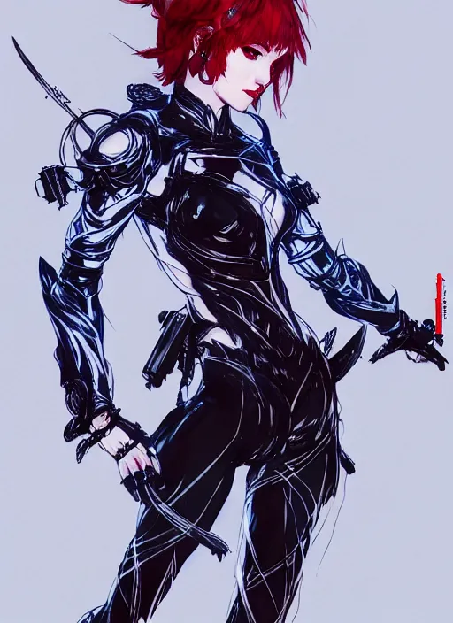 Prompt: Full body portrait of a cure young elven princess with short red hair wearing black and dark blue attire, silver tiara. In style of Yoji Shinkawa and Hyung-tae Kim, trending on ArtStation, dark fantasy, great composition, concept art, highly detailed, dynamic pose.