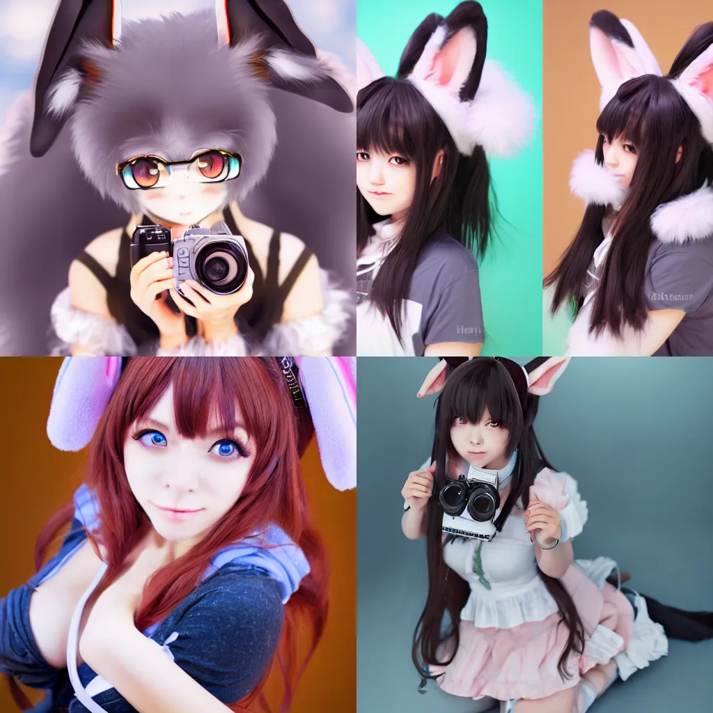 Prompt: photograph of a cute fluffy rabbit-eared girl, medium shot, usamimi, kemonomimi, hyperdetailed 8K, SLR camera, realistic