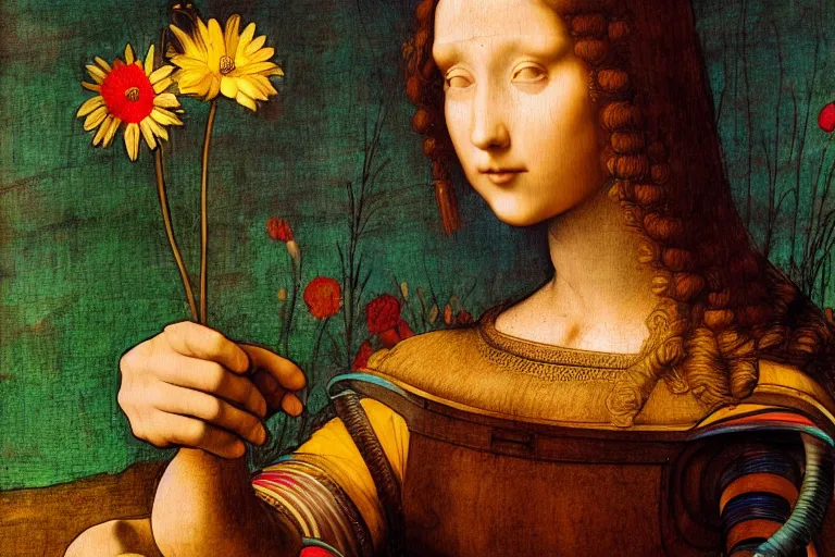 Image similar to multicolor drawing of a pretty girl with a robotic arm holding a flower by leonardo da vinci in 4 k ultra high resolution, with depressive feeling