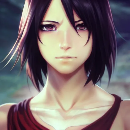 Image similar to mikasa ackerman, bokeh, beautiful face!!!!, 2 7 years old, cg animation, lifelike, animated, realistic, character select portrait, by artgerm, greg rutkowski, alphonse mucha, 3 d