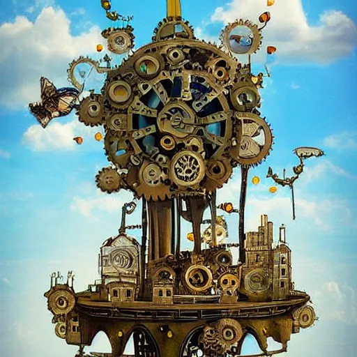 Image similar to flying! city in a mechanical flower, sky!, fantasy art, steampunk, masterpiece