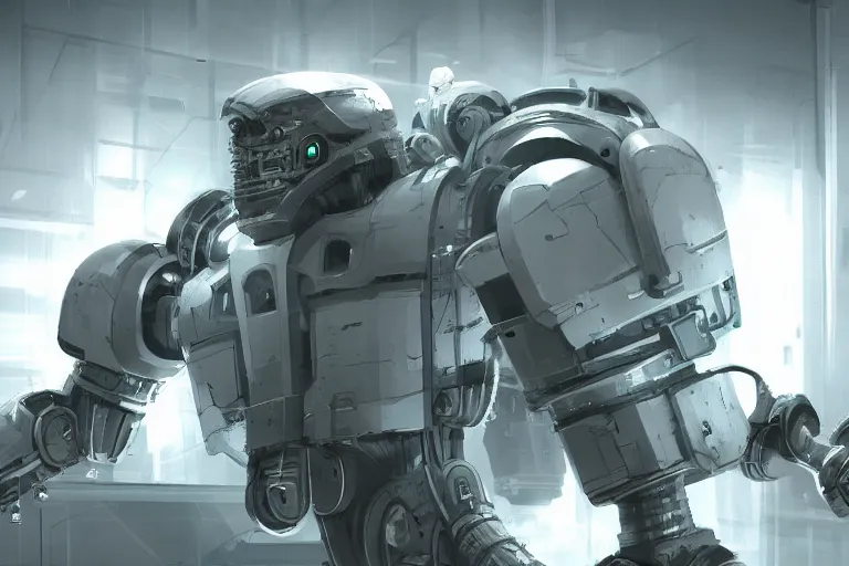 Image similar to parallax datacenter server room single mono colossus white rusty android robosaurus guard in artstation cinematic detailed concept art volumetric light sharp coherent cgsociety symmetric perfect