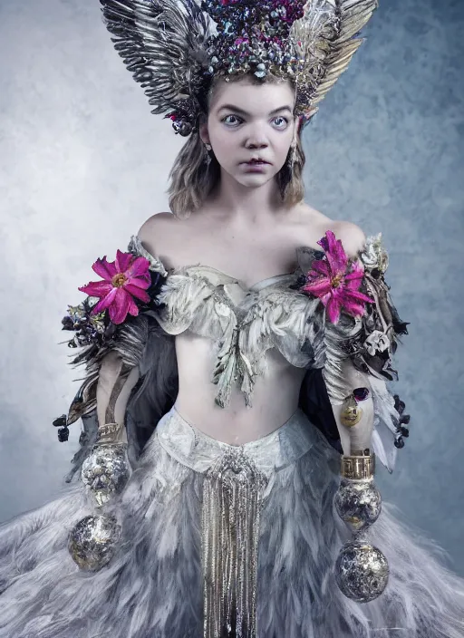 Prompt: full body environmental portrait photo of anya taylor - joy as angel, ornate headpiece made from flowers, ornaments, glamour shot by gemmy woud - binnendijk, chris knight, photorealistic, canon r 3, fashion photography, ornate, elegant, luxury and elite, symmetrical features, octane render, unreal engine, solid dark grey background, dramatic lights