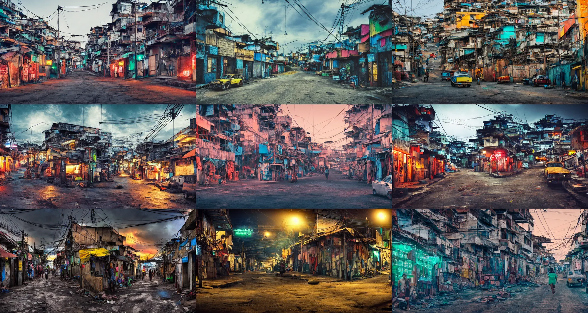 Prompt: photograph from the main street of a dystopian fishing village, futuristic, favelas, some have neon signs, realistic, epic composition, epic lighting, 4 k