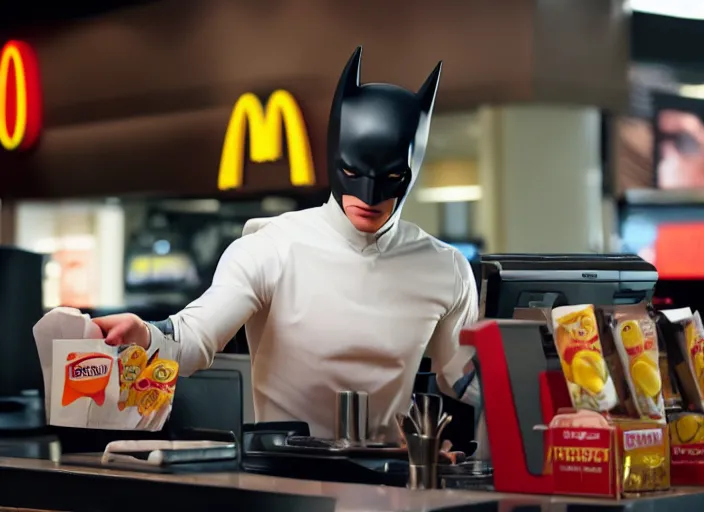 Image similar to film still of Batman working as a cashier at McDonalds in the new batman movie, 4k