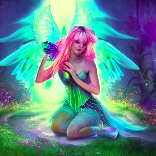 Prompt: cyberpunk fairy princess, woodland grove, neon wings beautiful colorful pretty artistic 4 k artstation trending dramatic lighting realistic floral garden blooming flowers