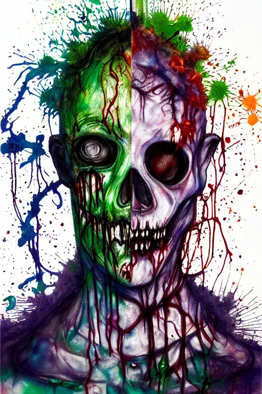 Image similar to zombie policeman with and goop and slime covering his skull posing with his baton by agnes cecile, brian froud, intricated details, 3 / 4 view, full body portrait, extremely luminous bright design, horror, pastel colours, toxic drips, autumn lights