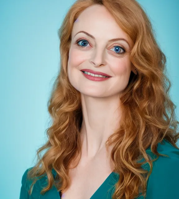 Image similar to beautiful portrait photo of Heather Graham, slight smile, 85mm, teal studio backdrop