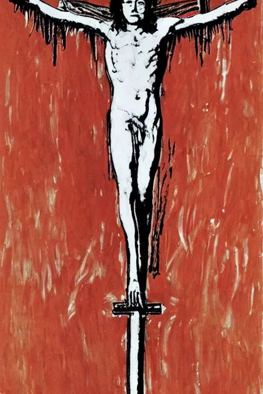 Image similar to bloody christ crucified and huge ufo of light in the sky painted by cy twombly and andy warhol