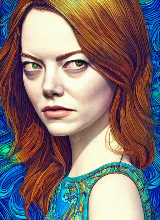 Image similar to portrait of emma stone an ultrafine detailed illustration by james jean, intricate linework, bright colors, final fantasy, behance contest winner, vanitas, angular, altermodern, unreal engine 5 highly rendered, global illumination, radiant light, detailed and intricate environment