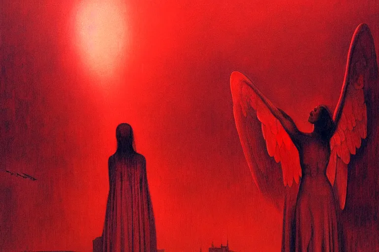 Prompt: only with red, a red angel announce the win, at the gates of a rich renaissance city. inthe background, pathos, in the style of beksinski, part by hopper, part by rodcenko, part by hofbauer, intricate composition, red by caravaggio, insanely quality, highly detailed, masterpiece, red light, artstation