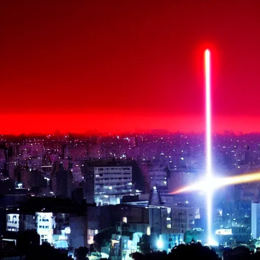 Image similar to ufo throwing laser beams over buenos aires, destroying buildings, people scared and escaping, the sky is red