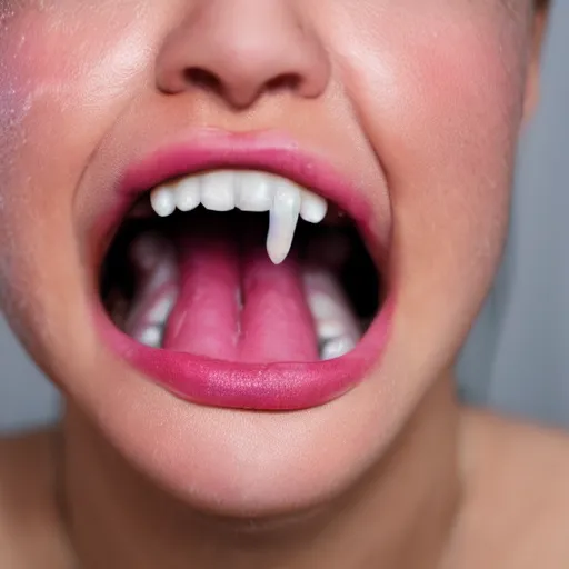 Prompt: woman with white liquid on her tongue