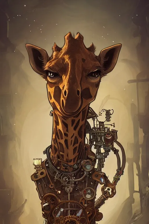 Prompt: anthropomorphic giraffe as steampunk half - cyborg, high fantasy, dnd, smooth, sharp focus, illustration, highly detailed, digital painting, artstation, concept art, by disney animation, rossdraws, alphonse mucha, frank fanzzeta, collectible card art