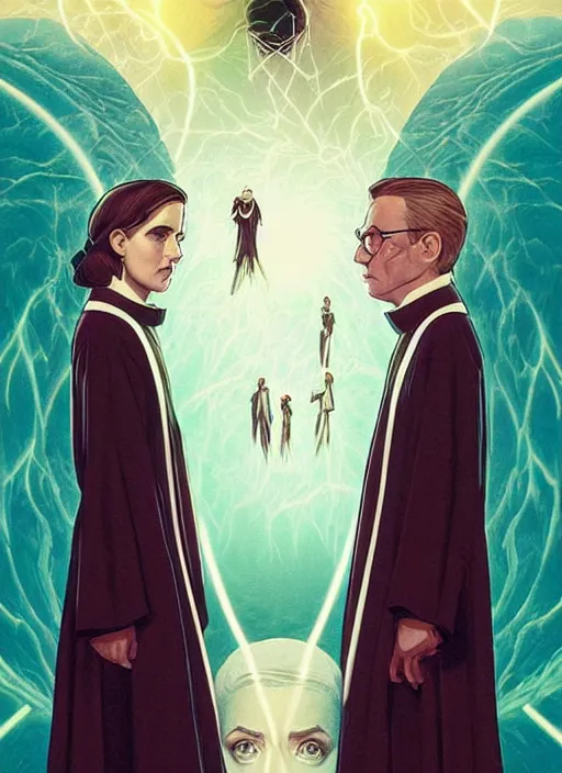 Image similar to poster artwork by Michael Whelan and Tomer Hanuka, Karol Bak of Emma Watson nun and Kiernan Shipka scientist, team up, science vs religion, from scene from Twin Peaks, clean