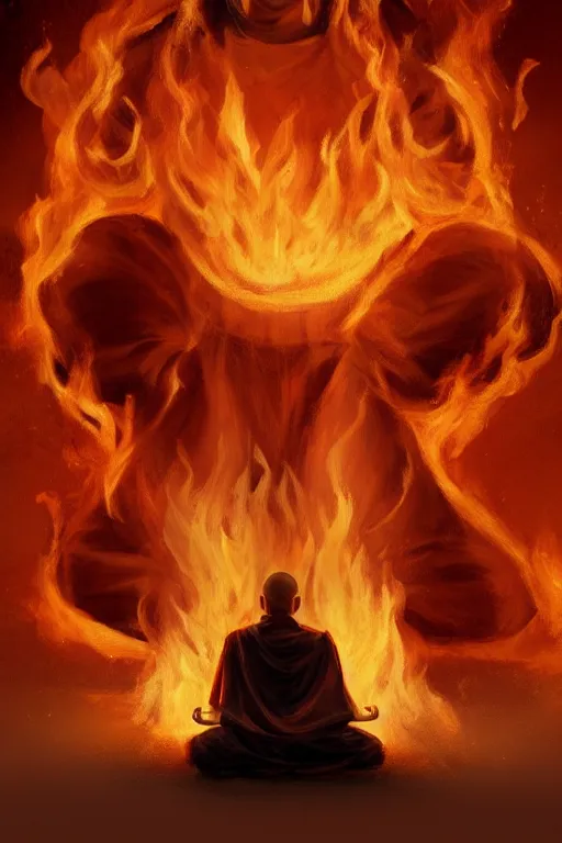 Image similar to A meditating monk on fire by Afshar Petros, Trending on artstation.